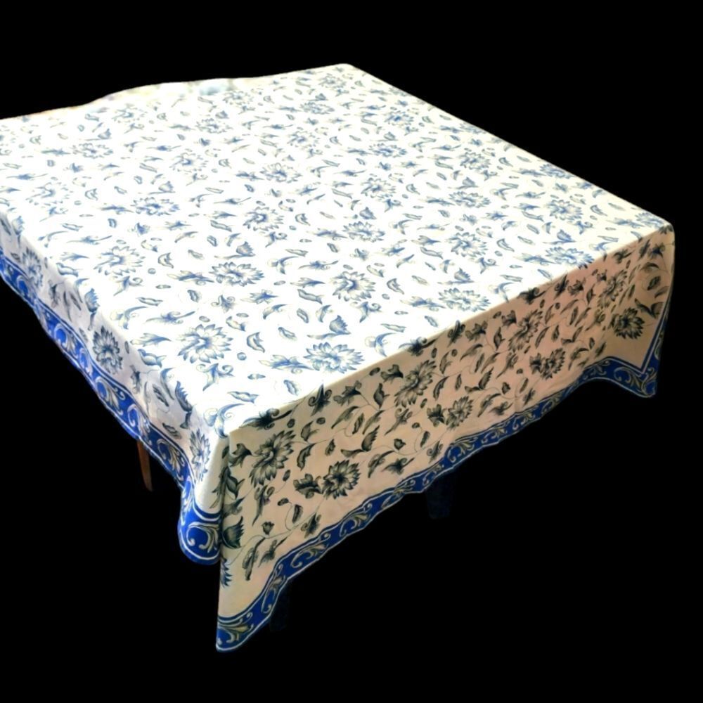 Vintage India White blue floral tablecloth